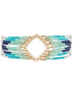 Beaded bracelet with gold square center, shades of blue and green