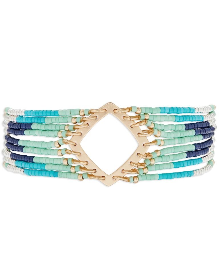 Beaded bracelet with gold square center, shades of blue and green