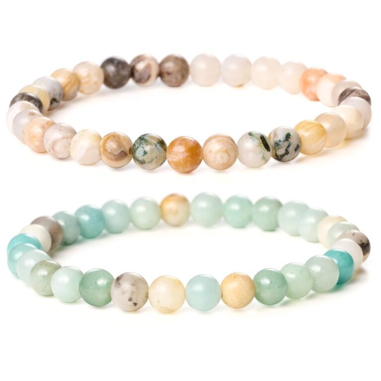 Two beaded bracelets, one with earth tones, the other with blues and greens