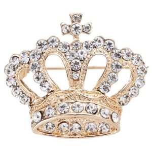Gold crown brooch with clear rhinestones and a cross on top