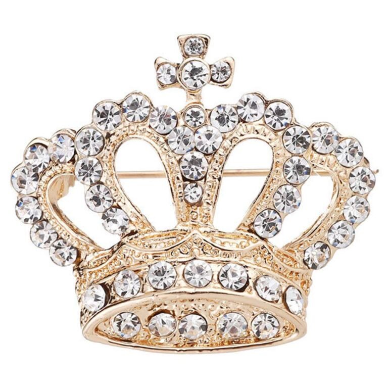 Gold crown brooch with clear rhinestones and a cross on top
