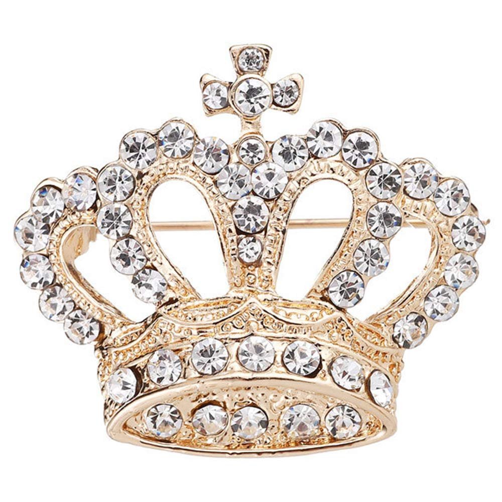 Gold crown brooch with clear rhinestones and a cross on top