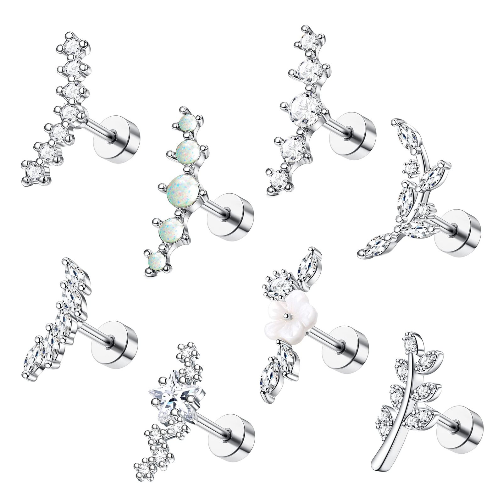 Seven different silver ear piercing studs with various gemstone designs