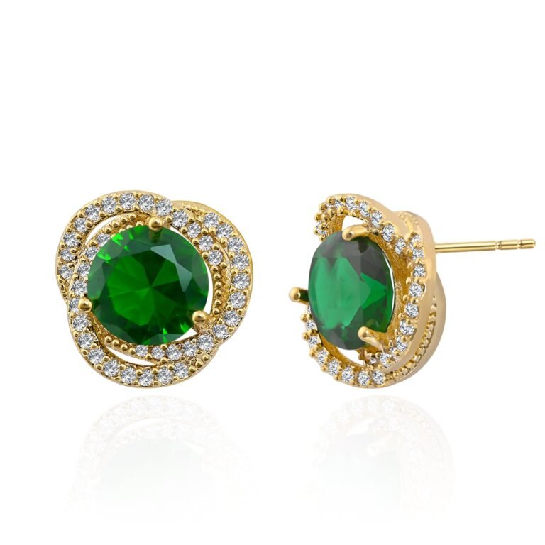 Gold earrings with large green gems and small surrounding diamonds