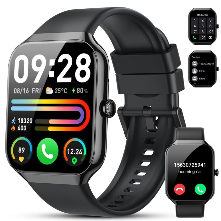 Black smartwatch with multiple screens showing time, contacts, and incoming call