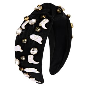 Black headband with rhinestones and cowboy hat/boot charms
