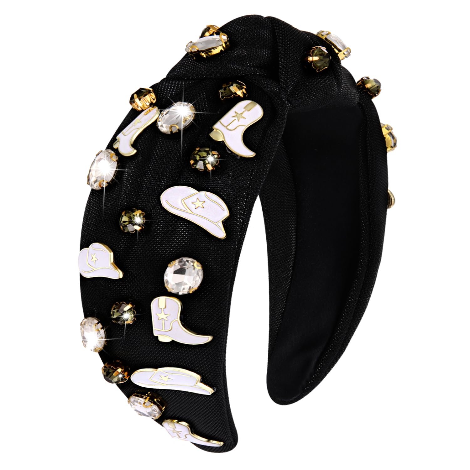 Black headband with rhinestones and cowboy hat/boot charms