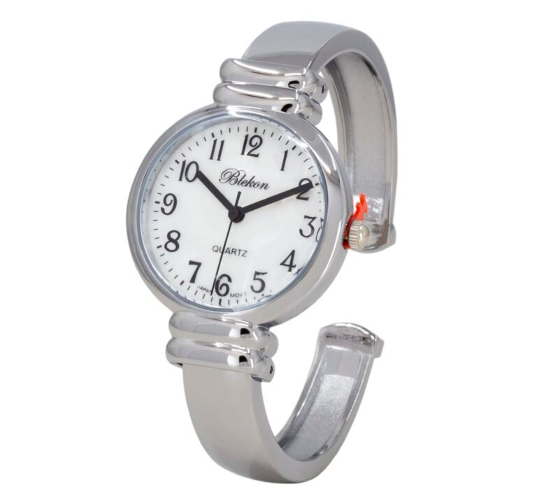 Silver Blekson quartz watch with a white face and a bangle-style band
