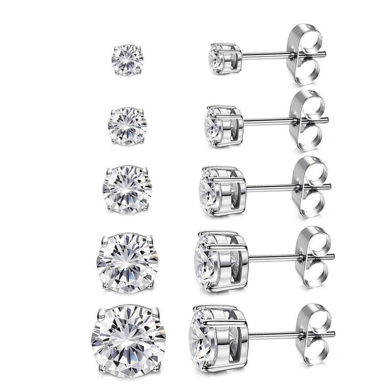 Five pairs of diamond stud earrings in varying sizes