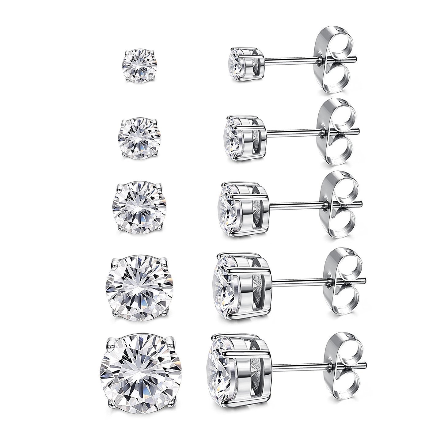Five pairs of diamond stud earrings in varying sizes