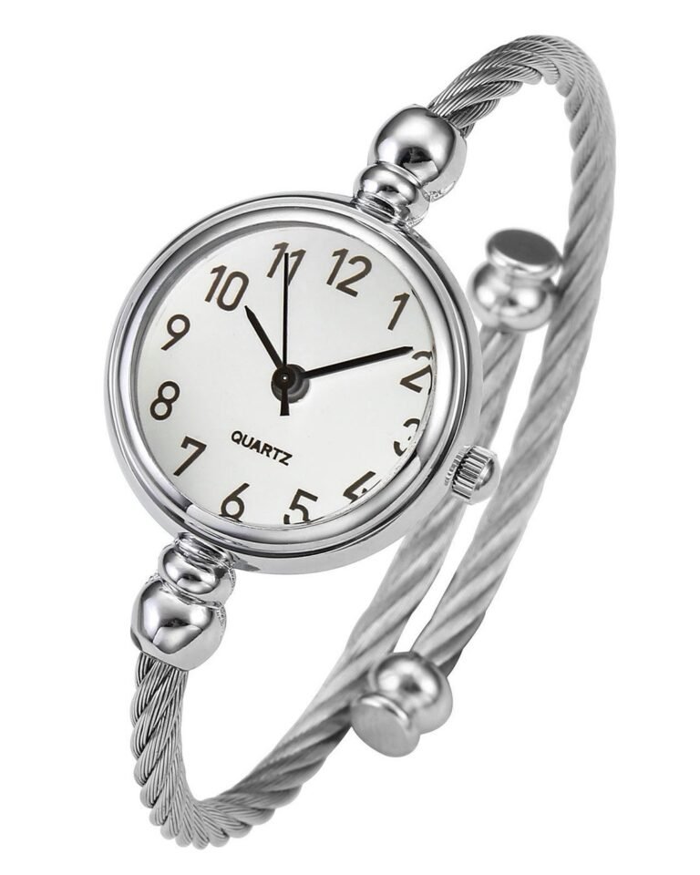 Silver quartz watch with a twisted metal band, white face, and black numbers