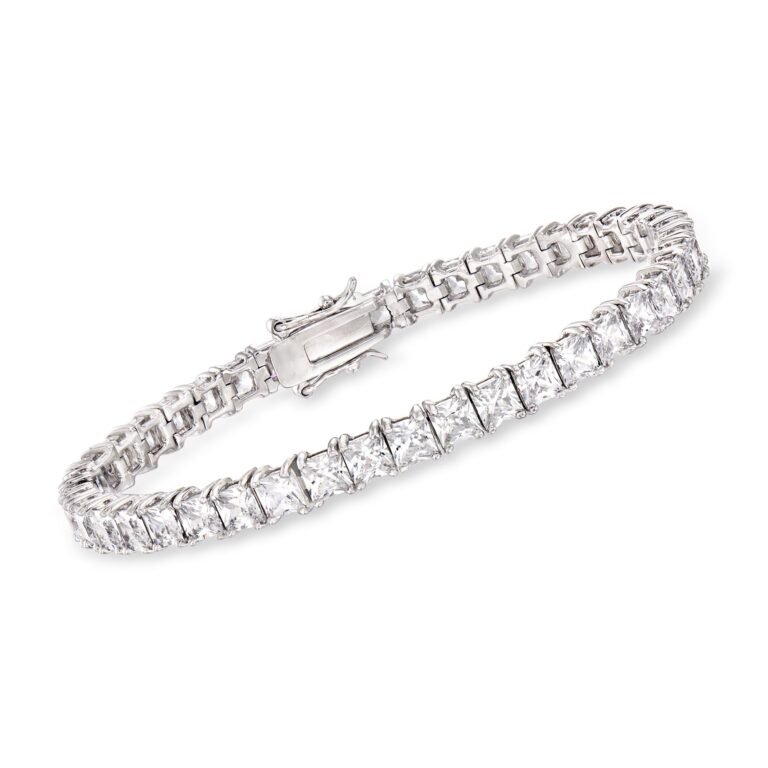 Silver bracelet with square-cut gemstones and a clasp on a white background