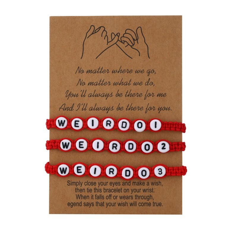 Three red "Weirdo" bracelets with numbers on a friendship card