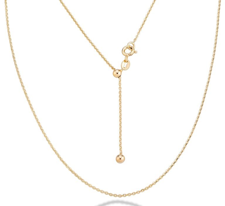 Gold adjustable necklace with a dangling ball pendant and clasp