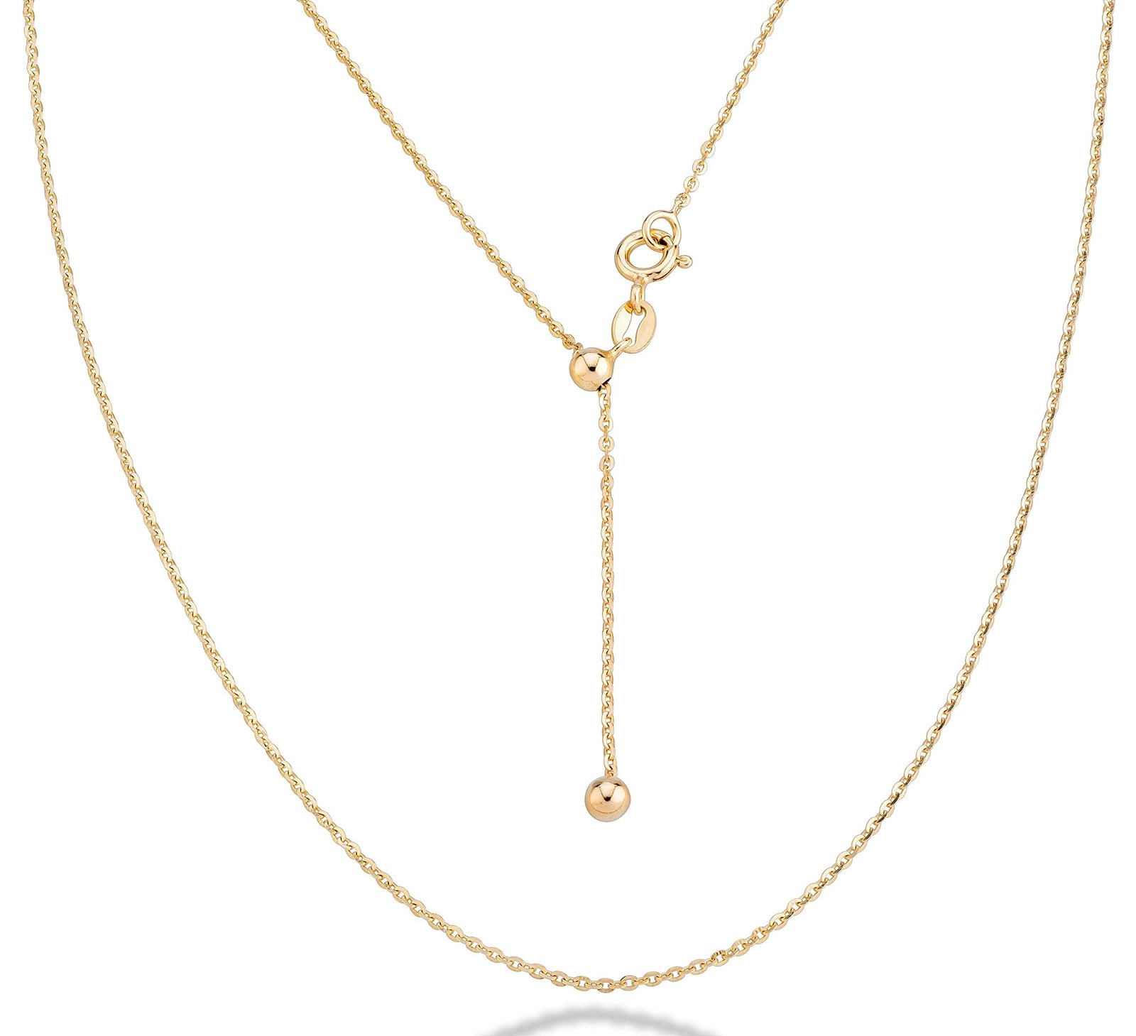 Gold adjustable necklace with a dangling ball pendant and clasp