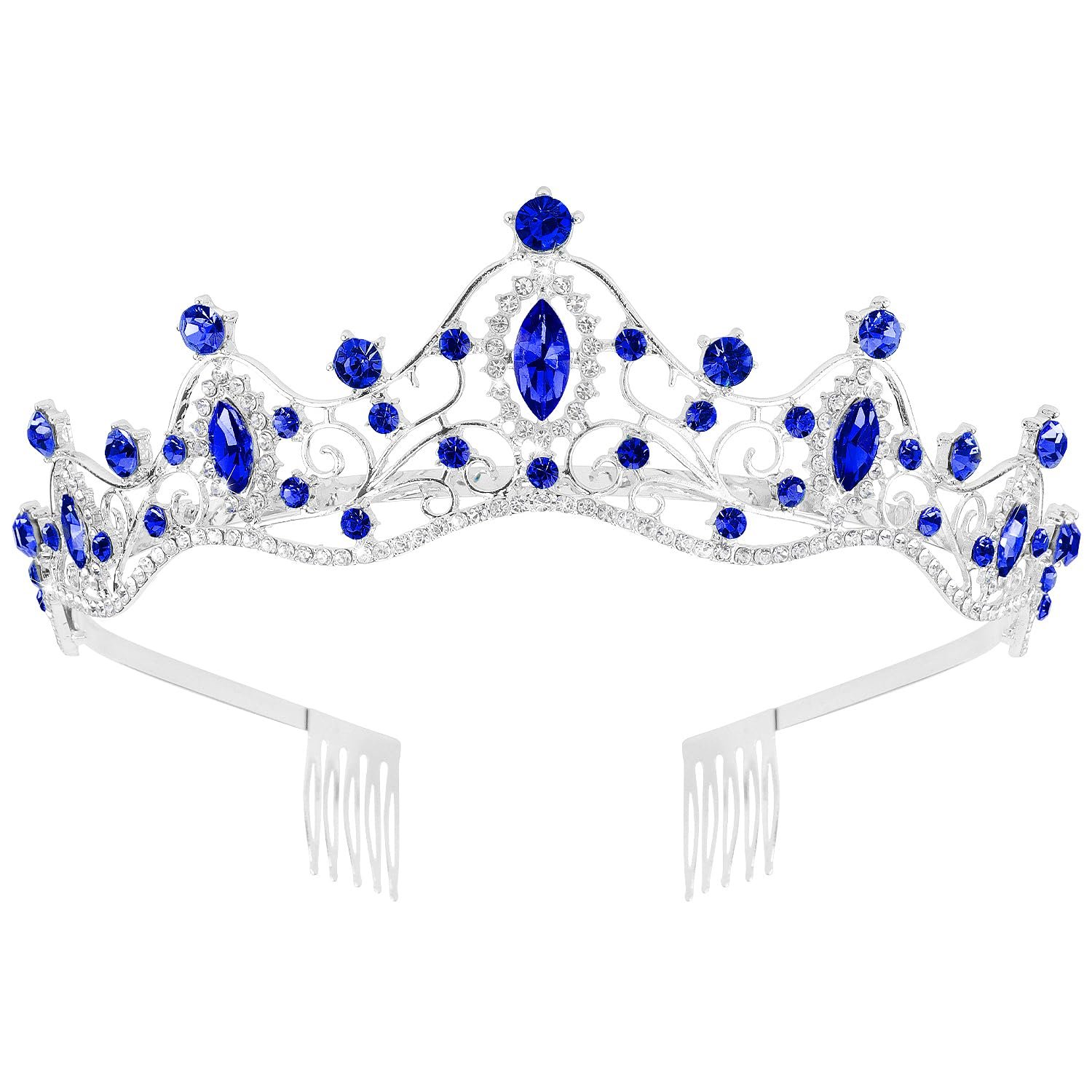 Silver tiara with blue jewels and combs for hair attachment
