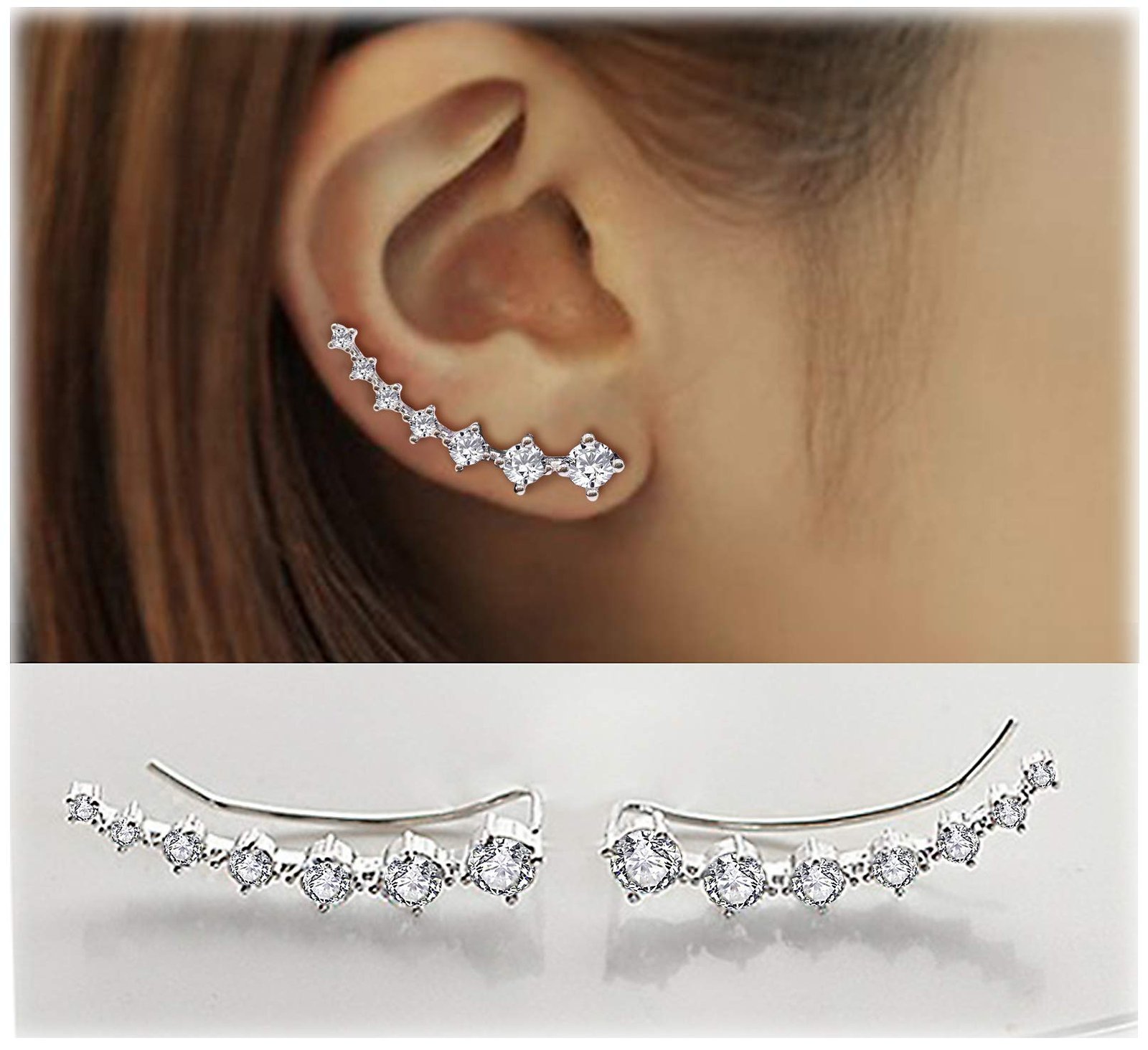 Ear climber earrings with sparkling diamonds on a woman's ear