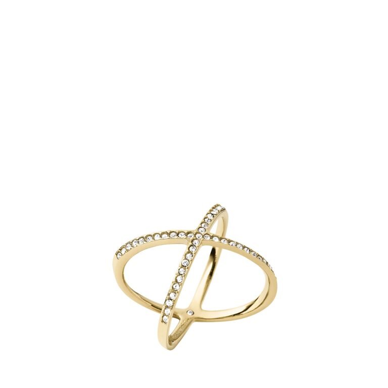 Gold-colored ring with crisscrossing bands and embedded clear crystals