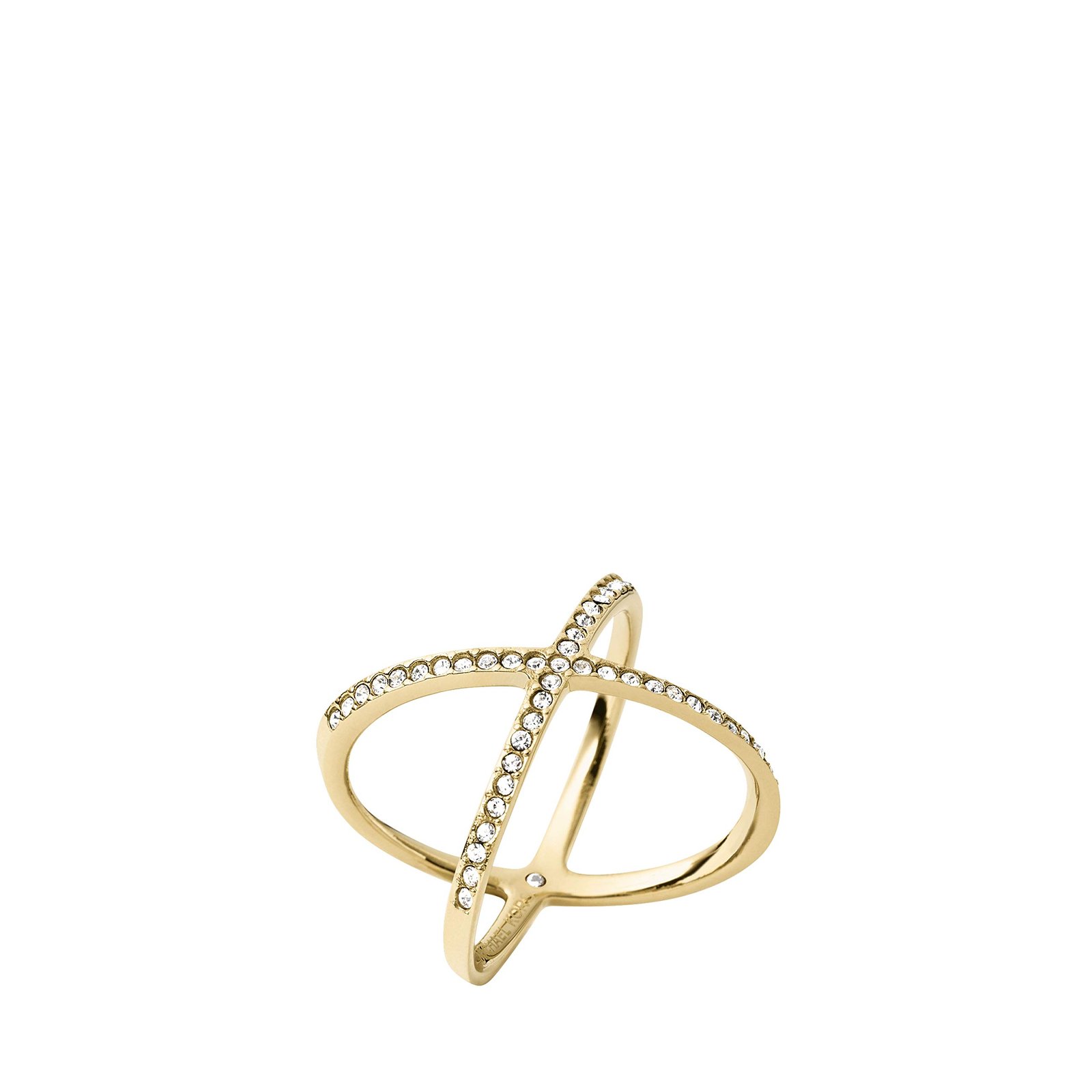 Gold-colored ring with crisscrossing bands and embedded clear crystals