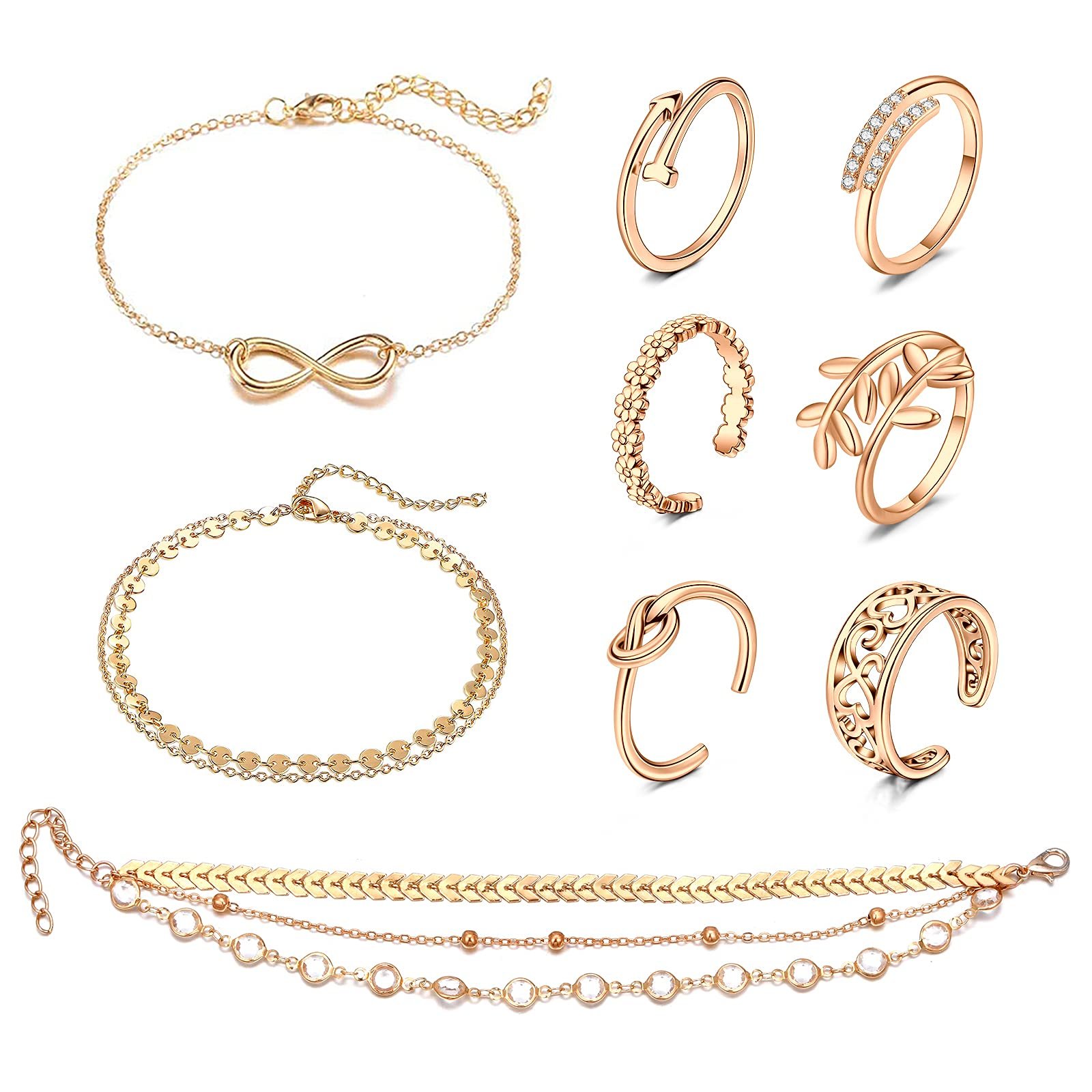 Gold anklets and rings with various designs, including infinity and leaf