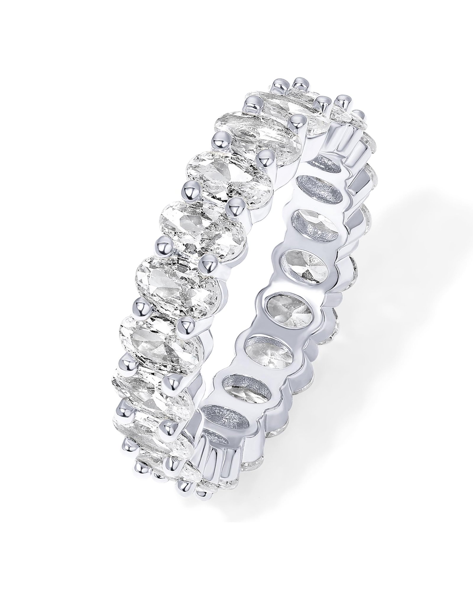 Silver eternity ring with oval-cut diamonds and small silver beads
