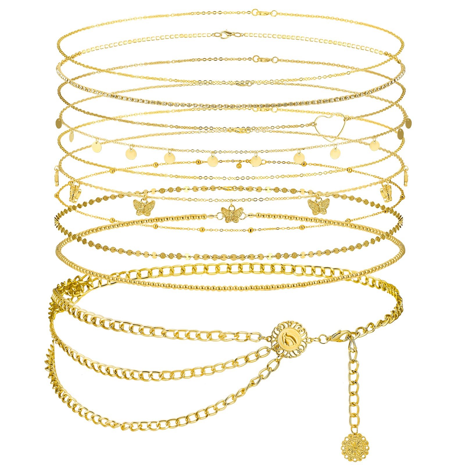 Gold body chains with various charms and styles, stacked on display