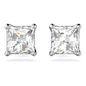 Pair of square-cut diamond stud earrings with silver prongs on white background