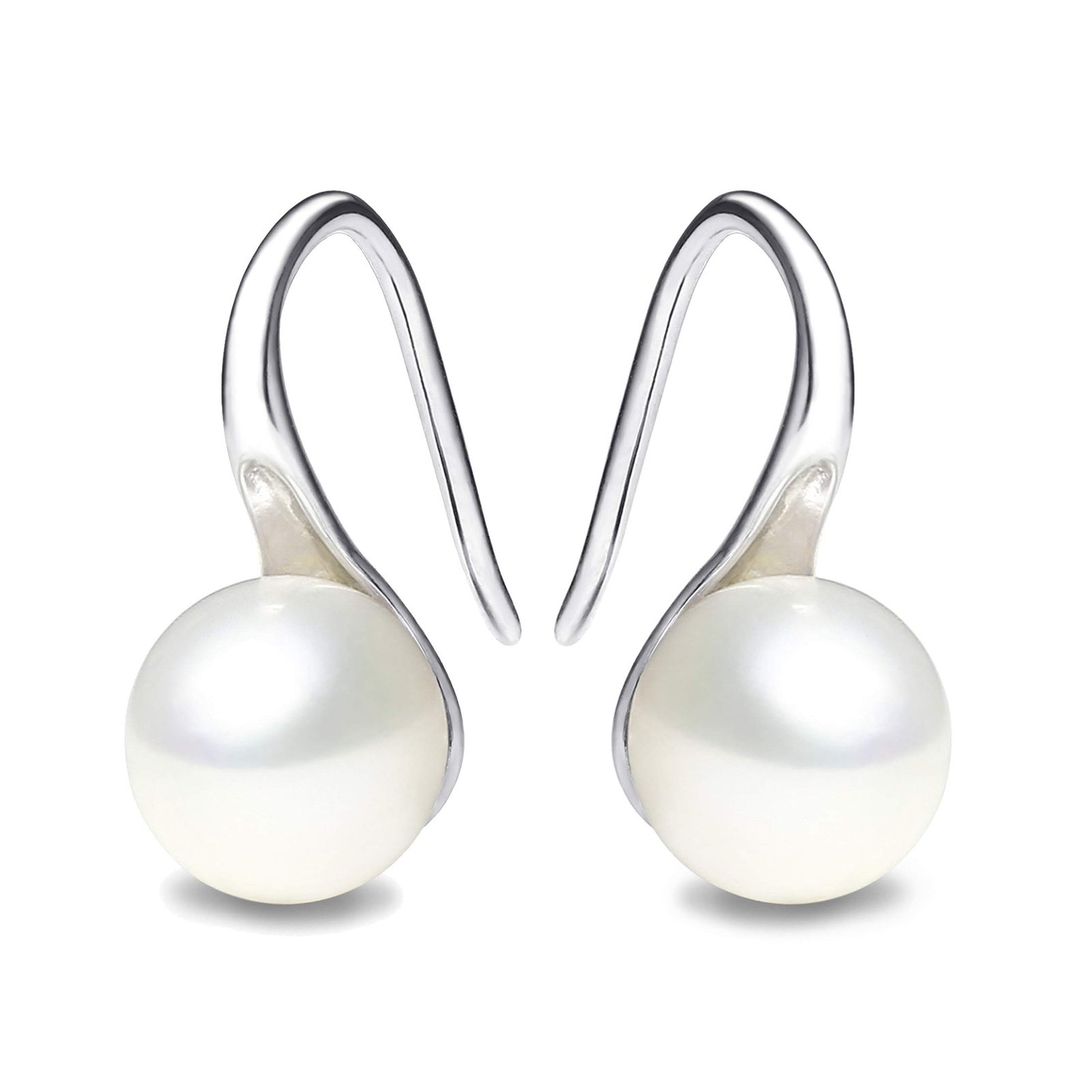 Pair of pearl drop earrings with silver hooks, isolated on white