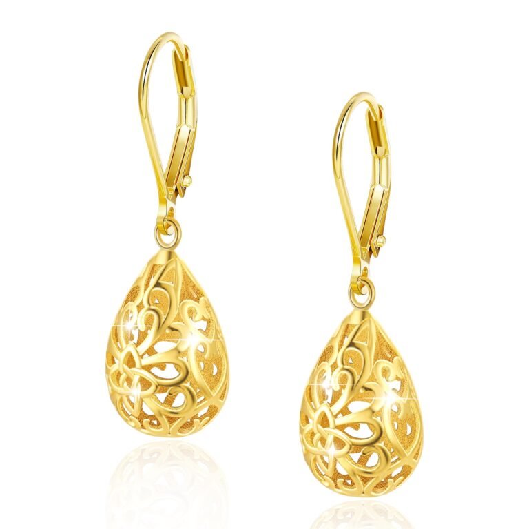 Gold teardrop earrings with intricate filigree design, leverback closures