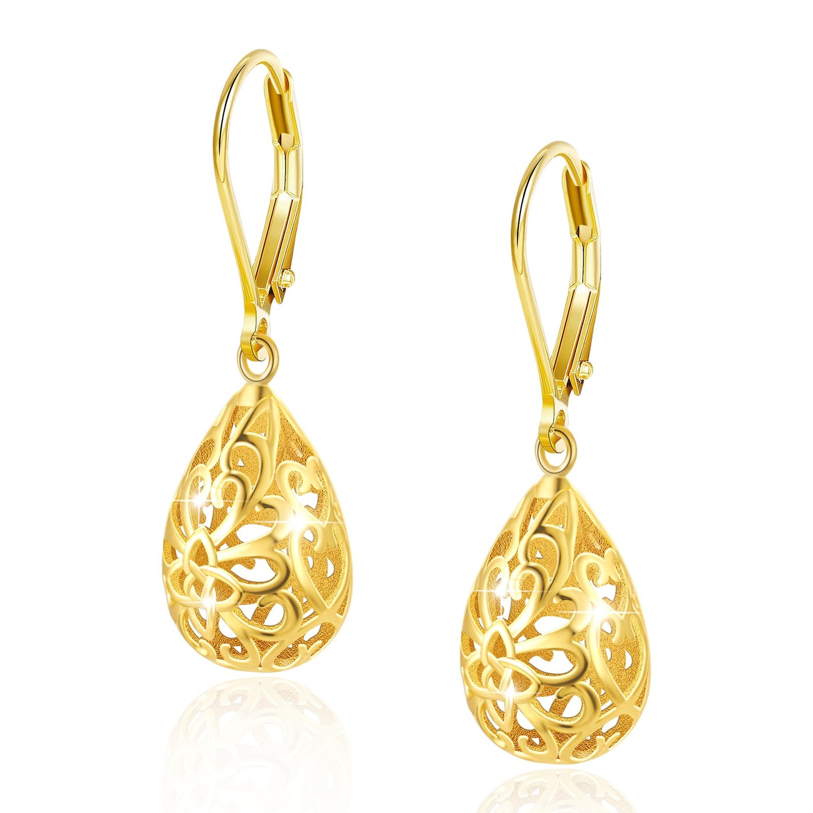 Gold teardrop earrings with intricate filigree design, leverback closures