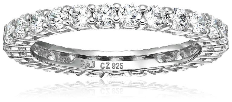 Silver ring with a band of clear, round-cut gemstones