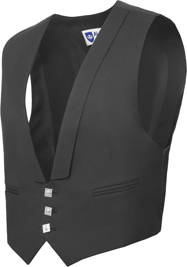 Black formal vest with three decorative buttons and a pocket