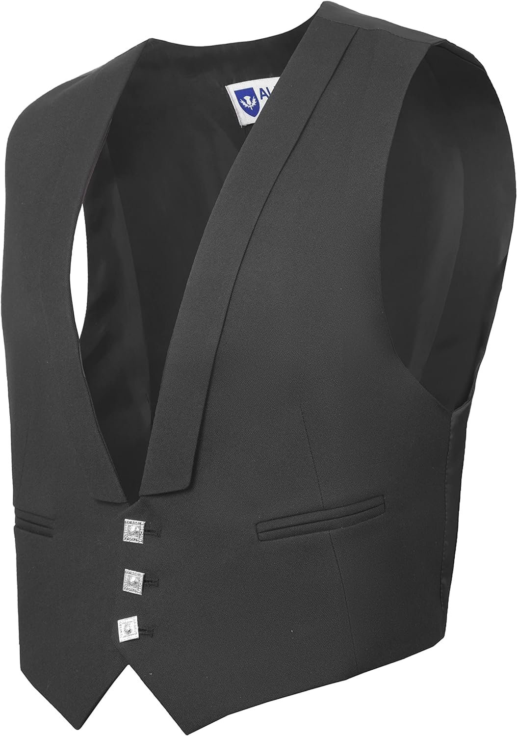 Black formal vest with three decorative buttons and a pocket