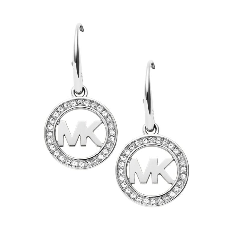 Silver Michael Kors hoop earrings with crystal-studded MK logo pendants