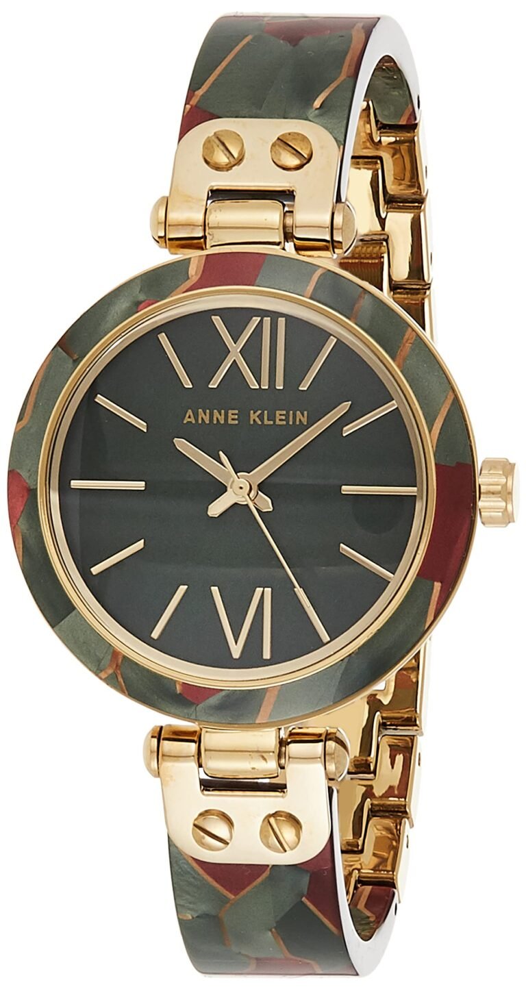 Anne Klein gold watch with green and red patterned band and face