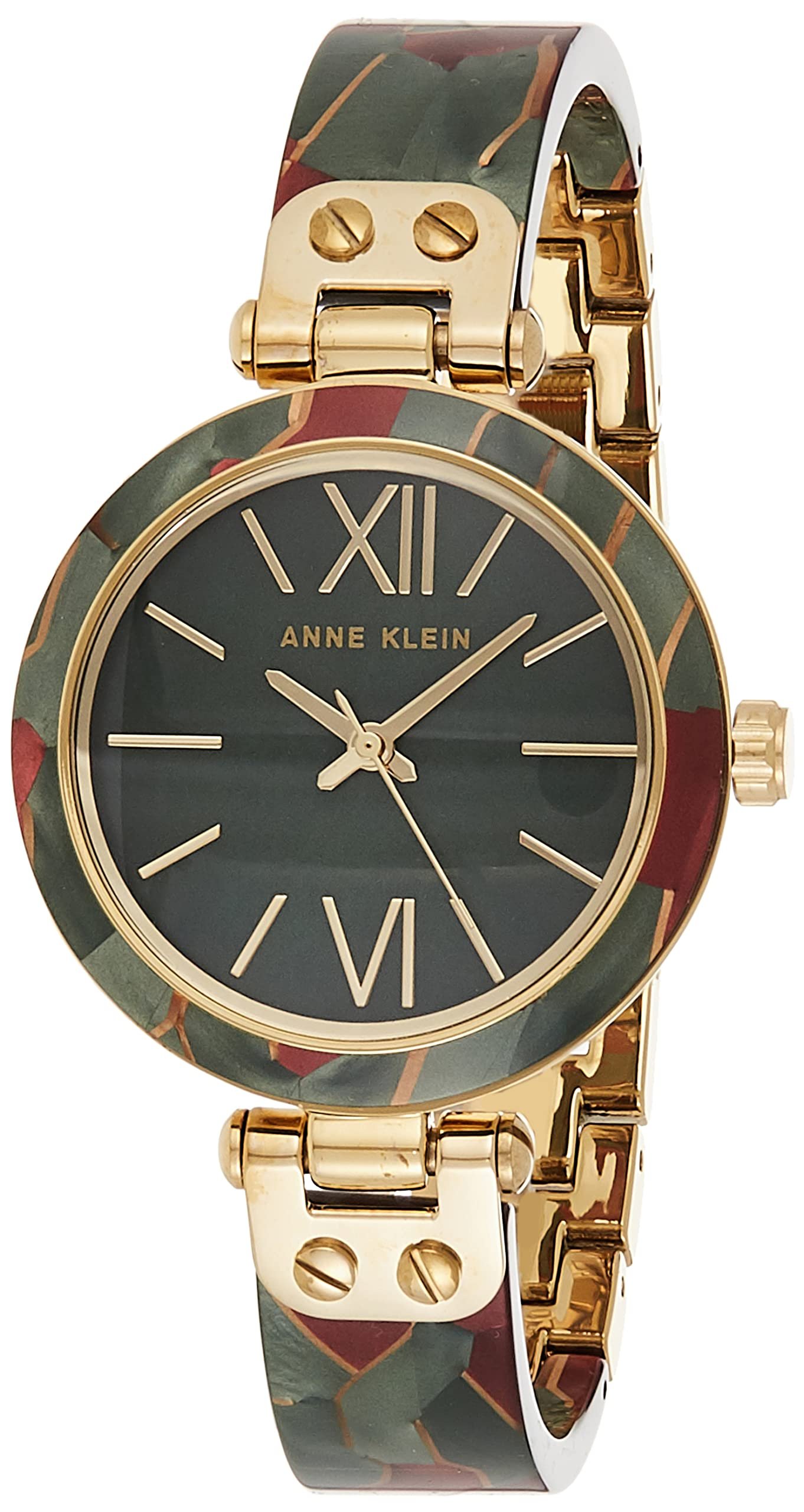 Anne Klein gold watch with green and red patterned band and face