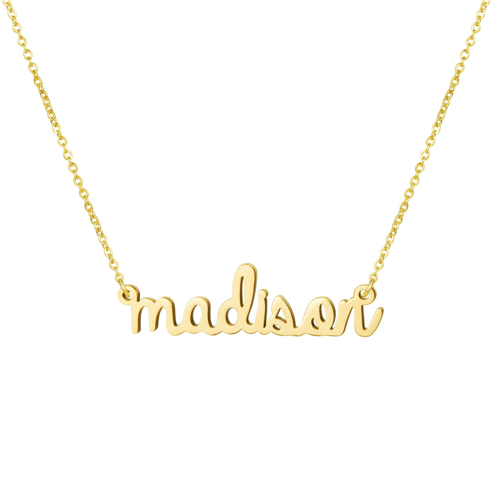 Gold necklace with the name "Madison" in cursive script