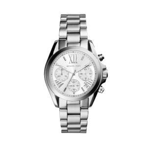 Silver Michael Kors watch with white face, Roman numerals, and chronograph dials