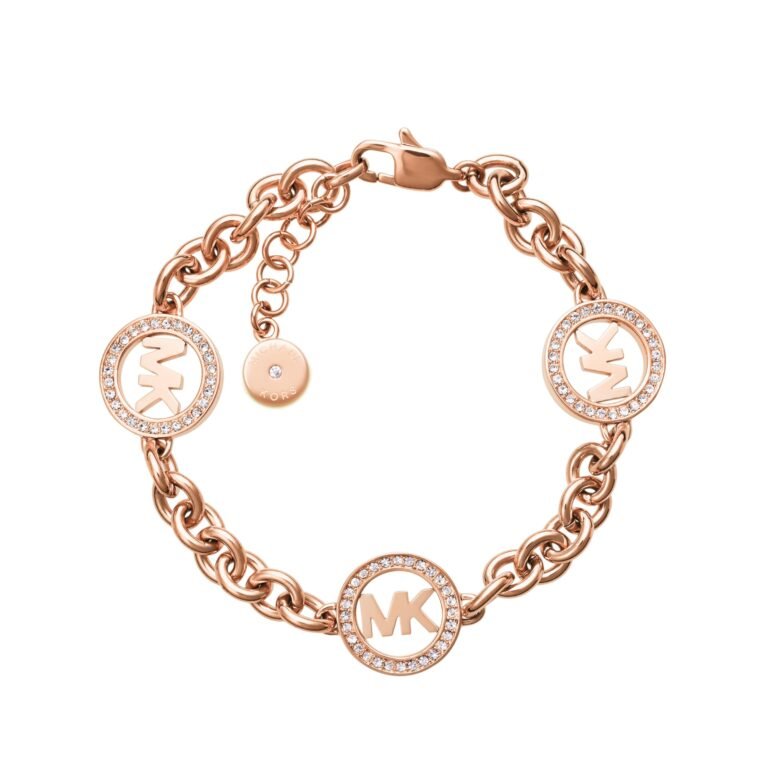 Rose gold Michael Kors bracelet with MK logo charms and crystals