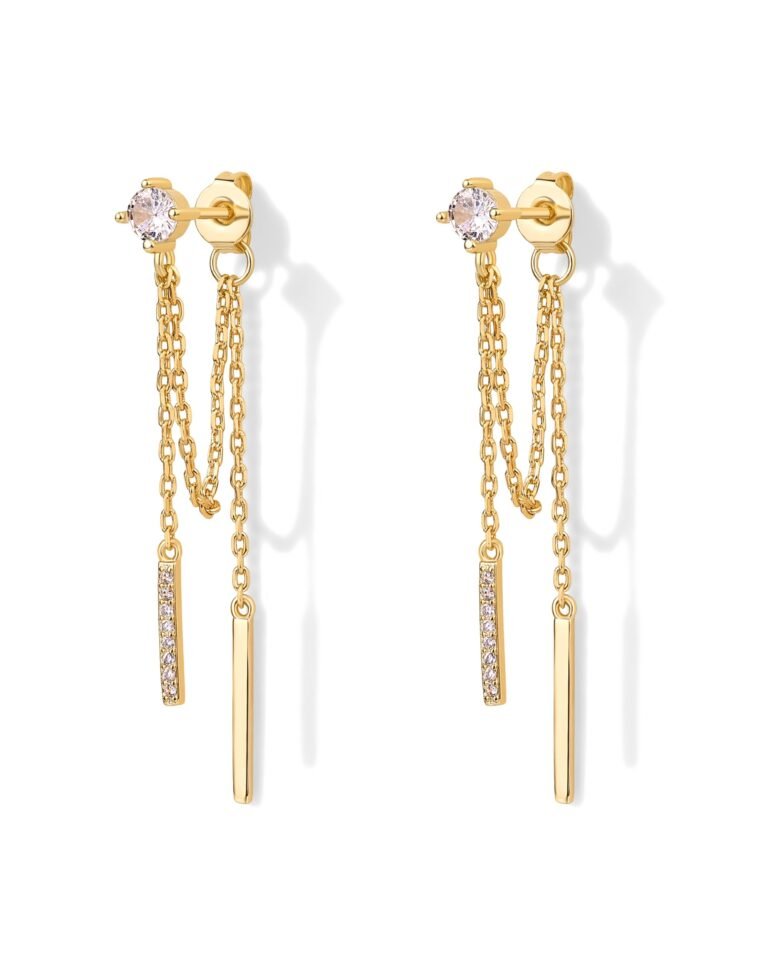 Gold earrings with a diamond stud and chain with bar pendants