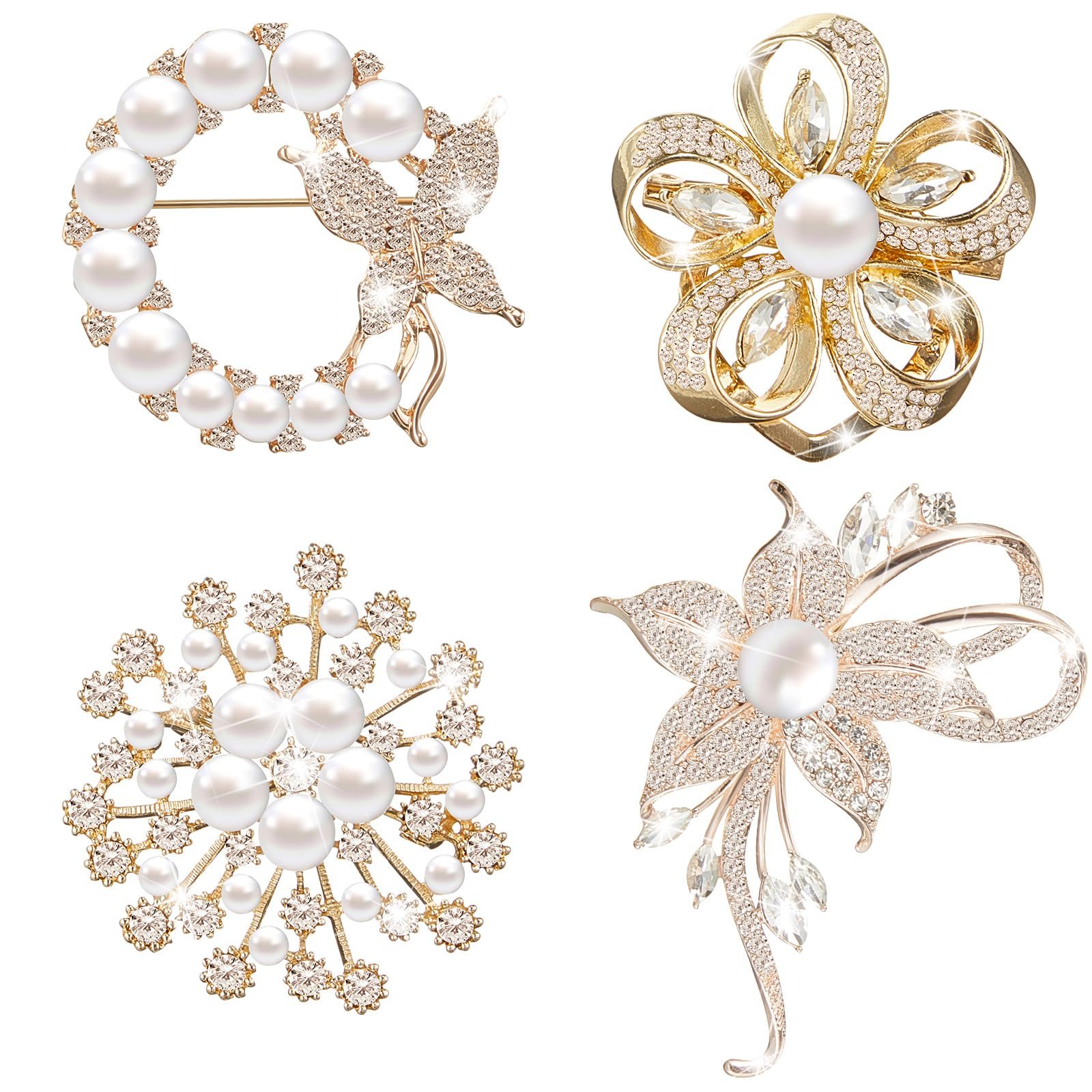 Four different gold-toned brooches with pearls and crystals on a white background