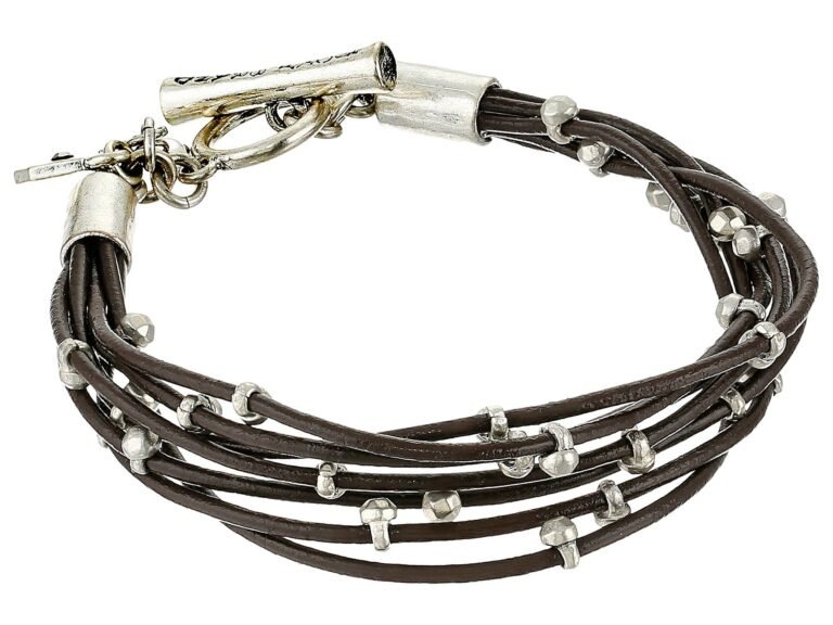 Brown leather bracelet with silver beads and toggle clasp