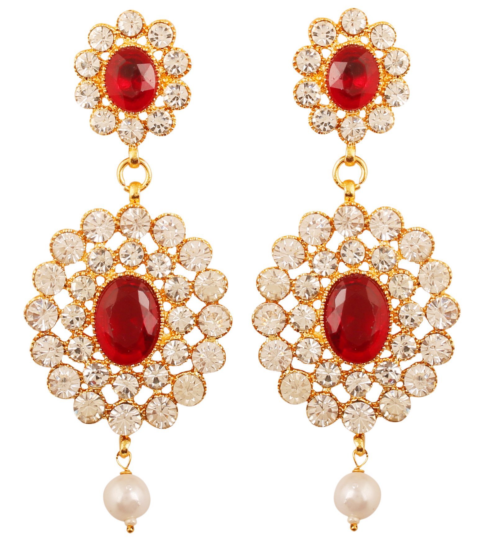 Gold earrings with red gems, white crystals, and pearl drops