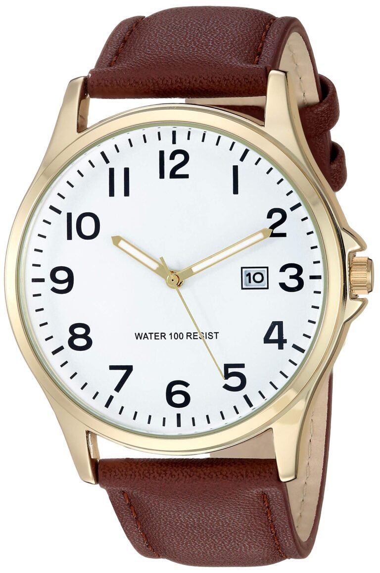 Gold wristwatch with white face, black numbers, date window, and brown leather band