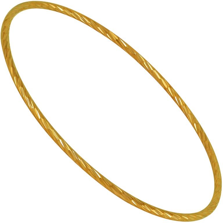 Gold bangle with a textured, diagonal pattern on a white background