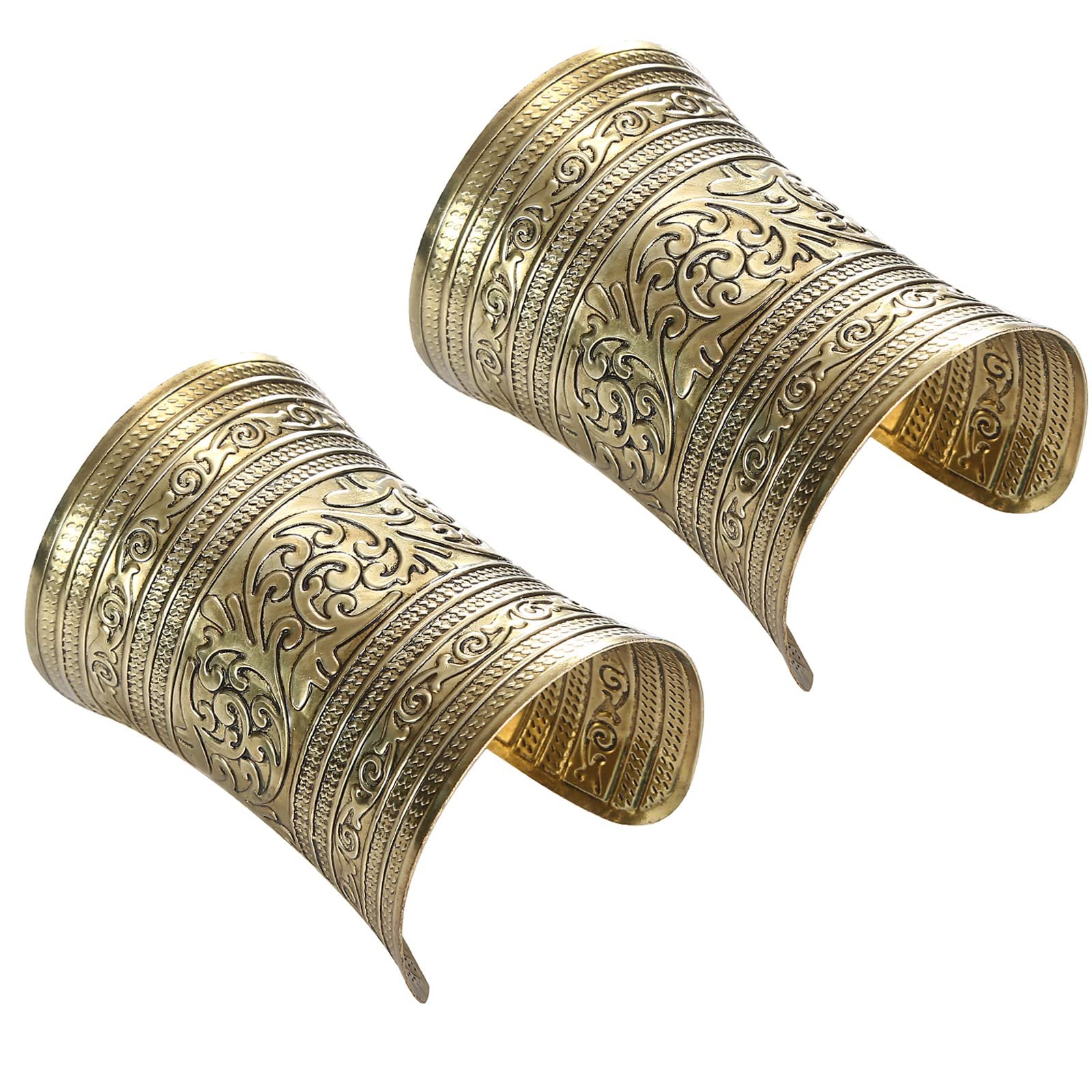 Two ornate gold arm cuffs with detailed floral and geometric patterns