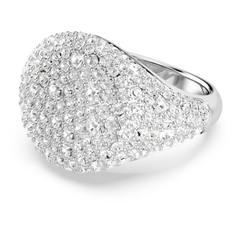 Silver ring with a large, oval head covered in sparkling crystals
