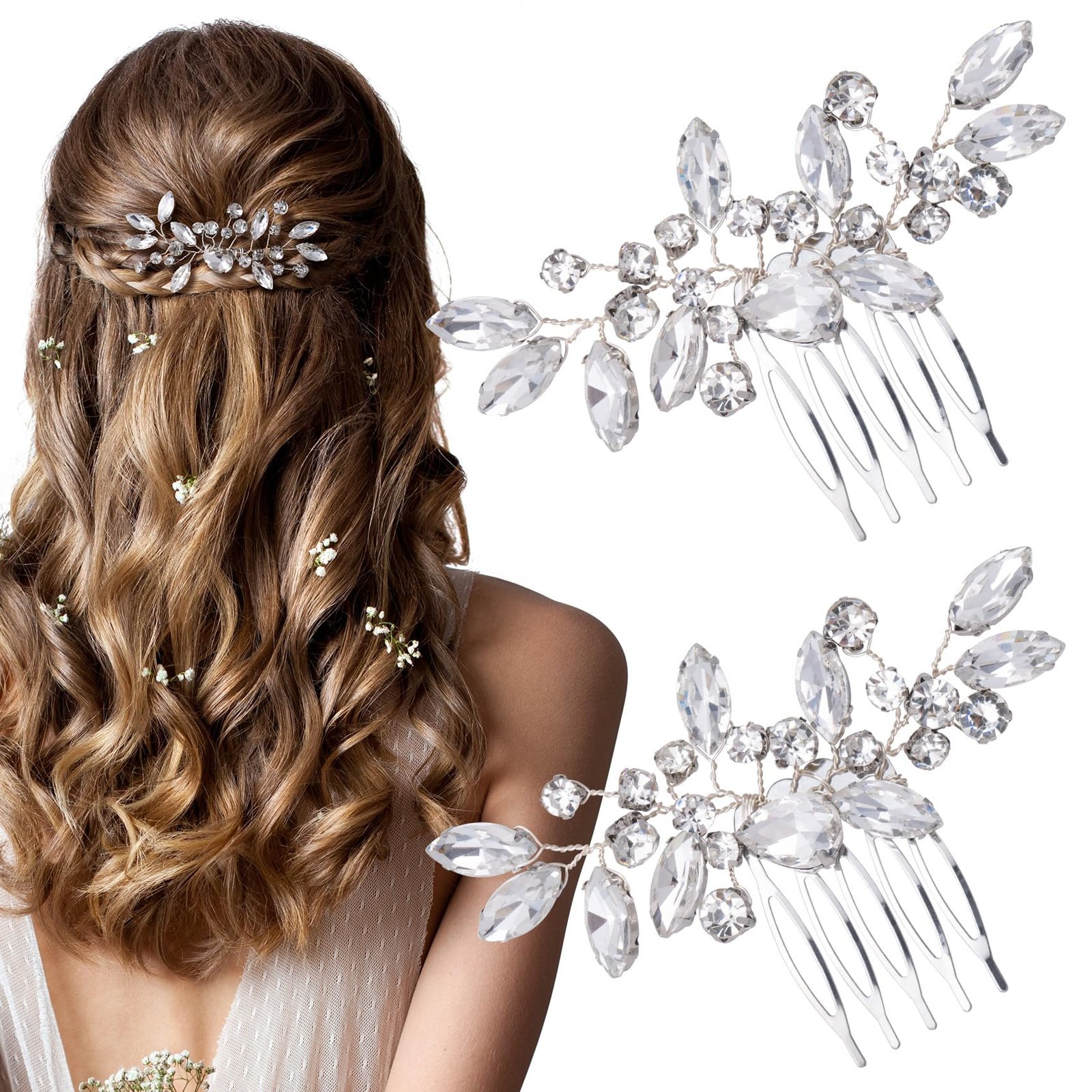 Woman with wavy hair wearing crystal hair combs and small white flowers