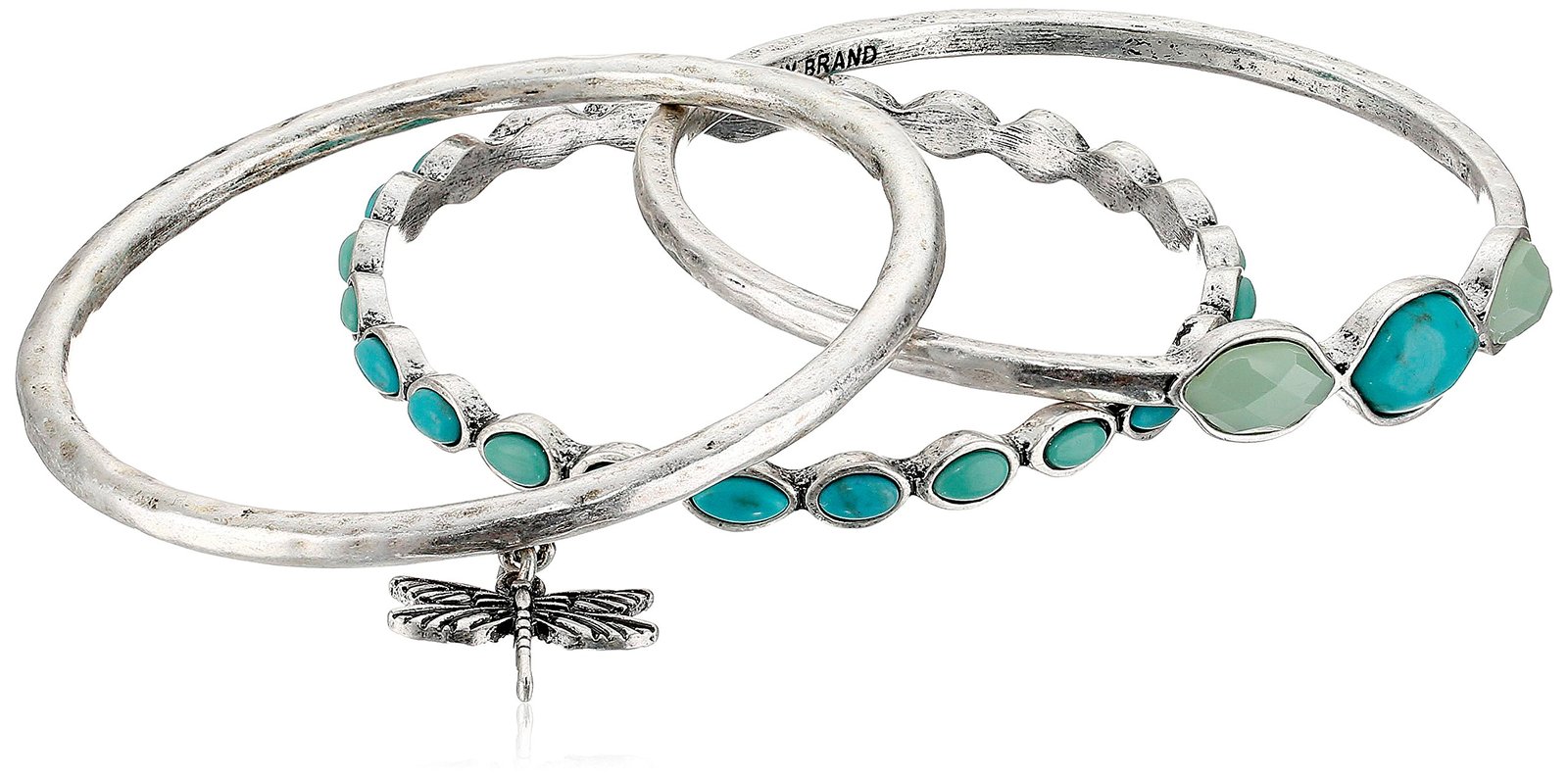Three silver bangles with turquoise and dragonfly charm