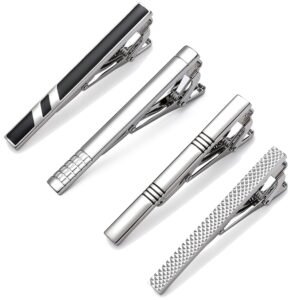 Four silver tie clips with different designs, on a white background